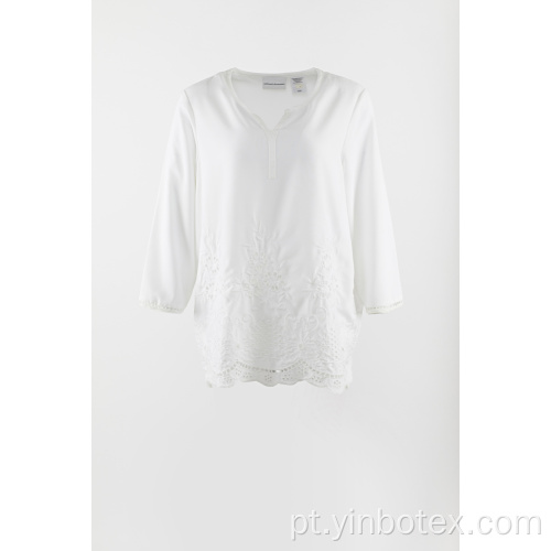 Blusa branca de chiffon bordado 3/4 de manga